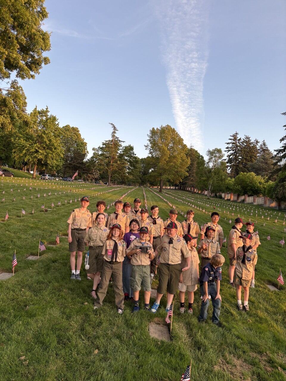 Troops 611 and 5611 gathered at Willamette National Cemetery after flag planting