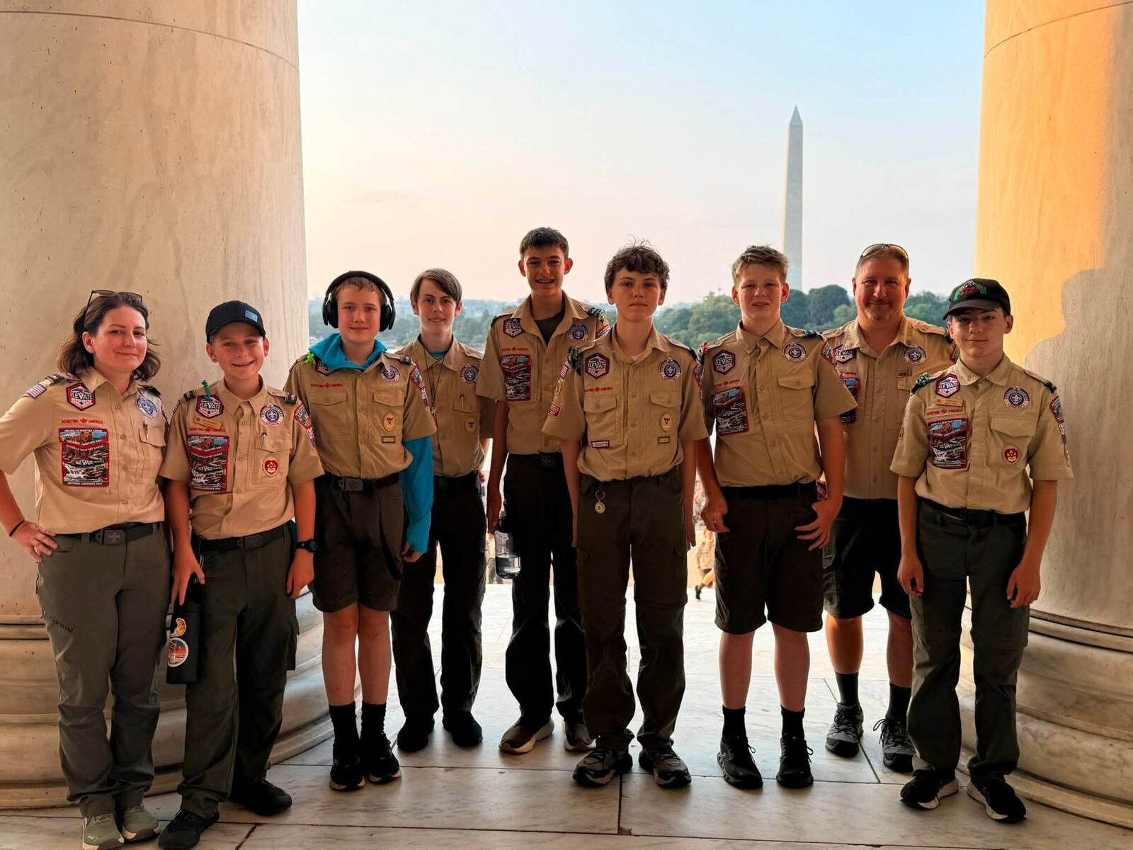 Scouts at the Jefferson Memorial with the Washington Monument in the distance