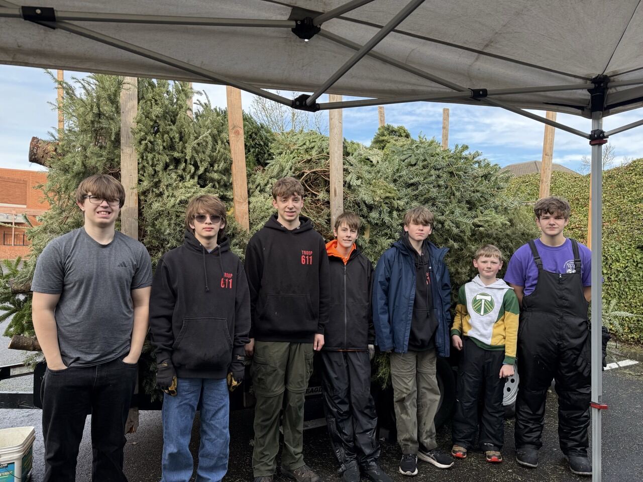 Scouts teamed up under the canopy at the Tree Crunch collection site
